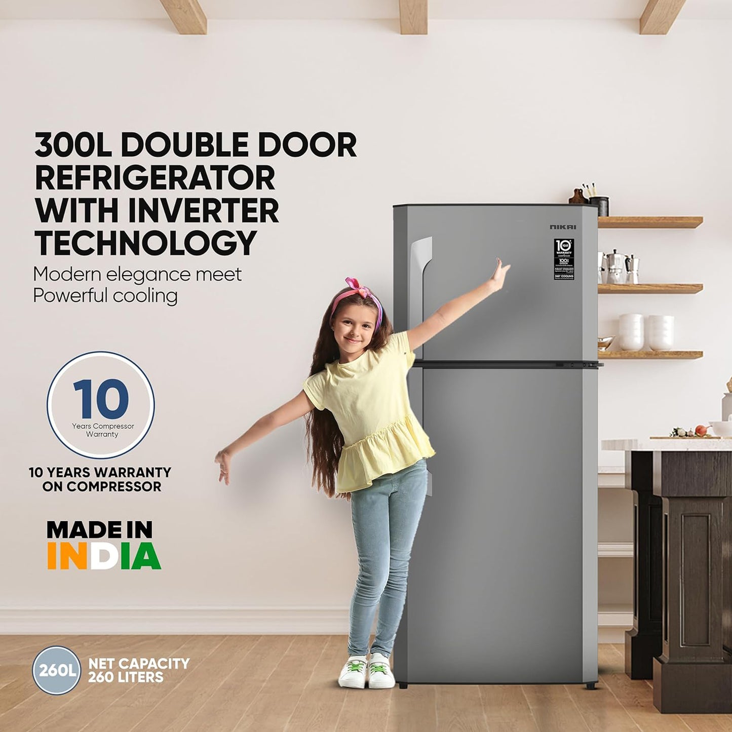 Nikai 300L Fully No Frost Double Door Refrigerator, NRF300FSS
