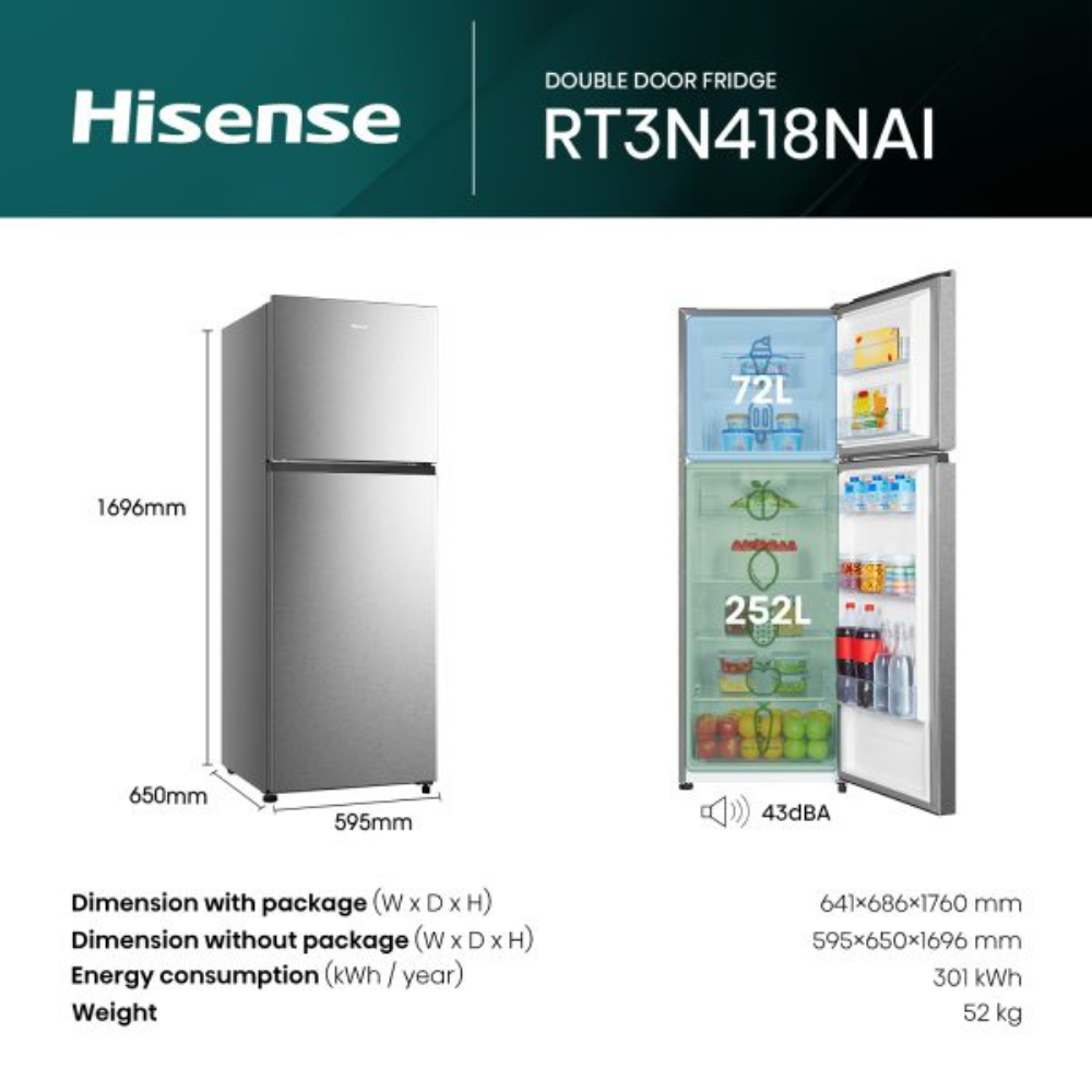 Hisense 418L Top Mount Refrigerator, RT3N418NAI