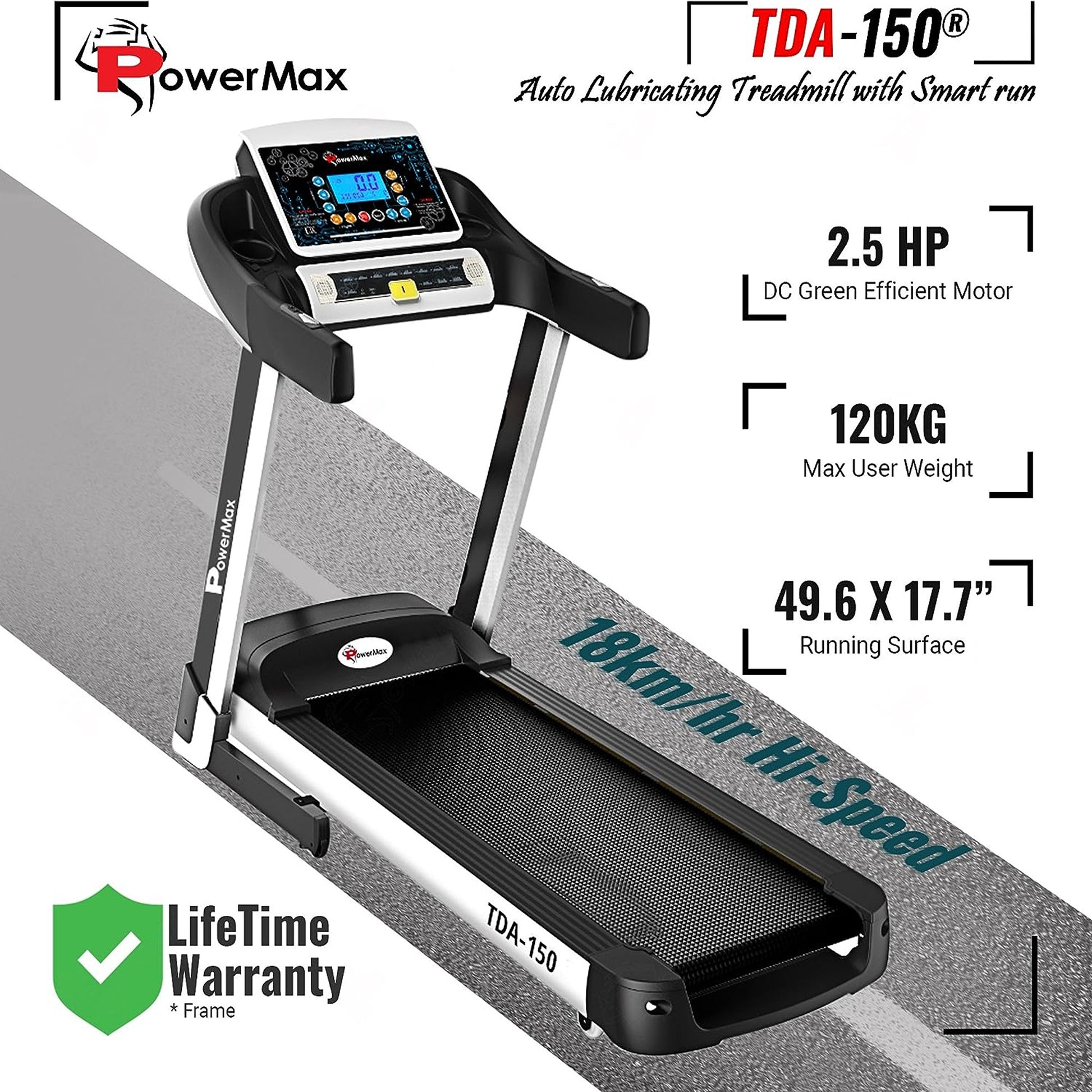 PowerMax 5HP Treadmill with Auto Incline & Hydraulic Softdrop, TDA-150