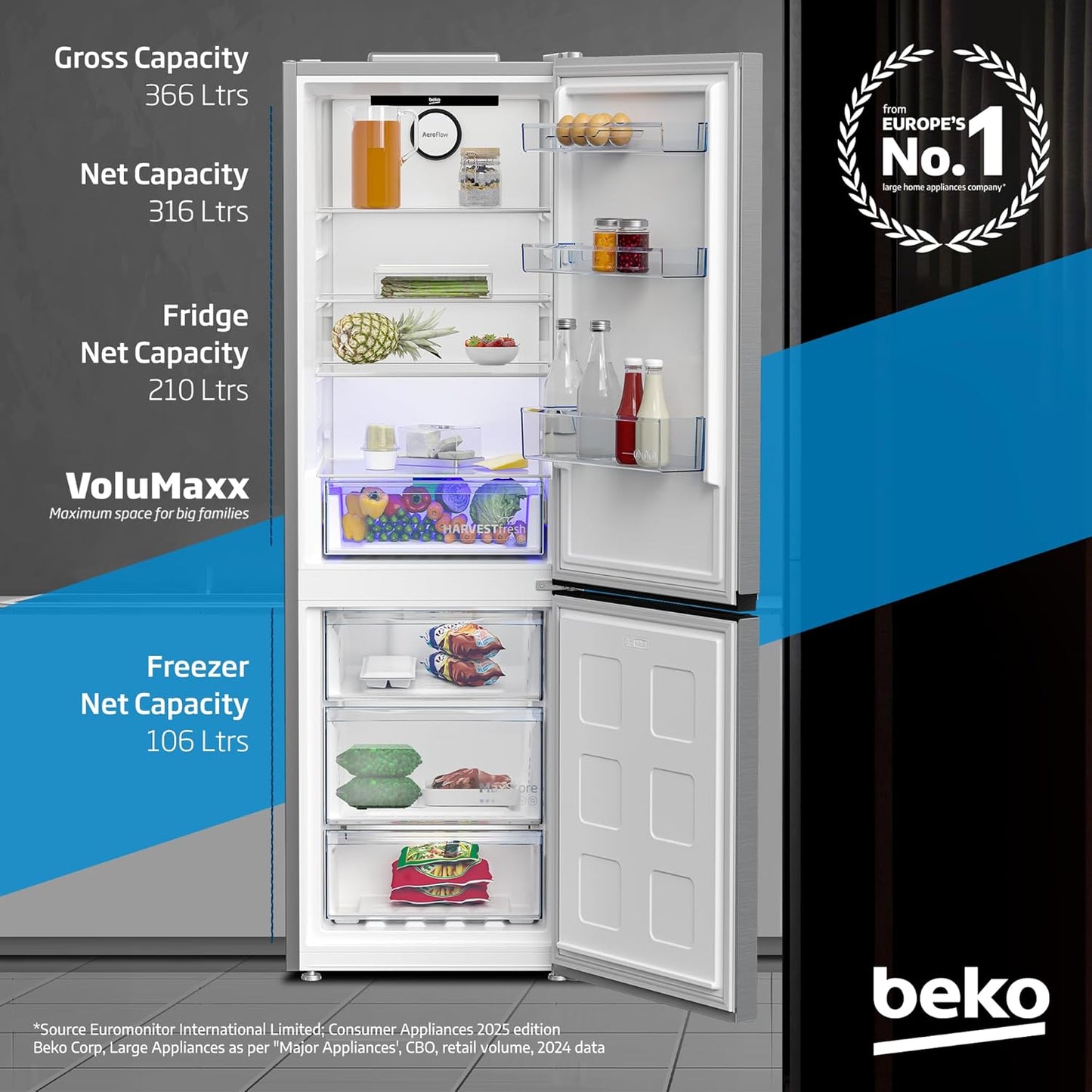 Beko 400L Double Door Refrigerator, RDNE400CS