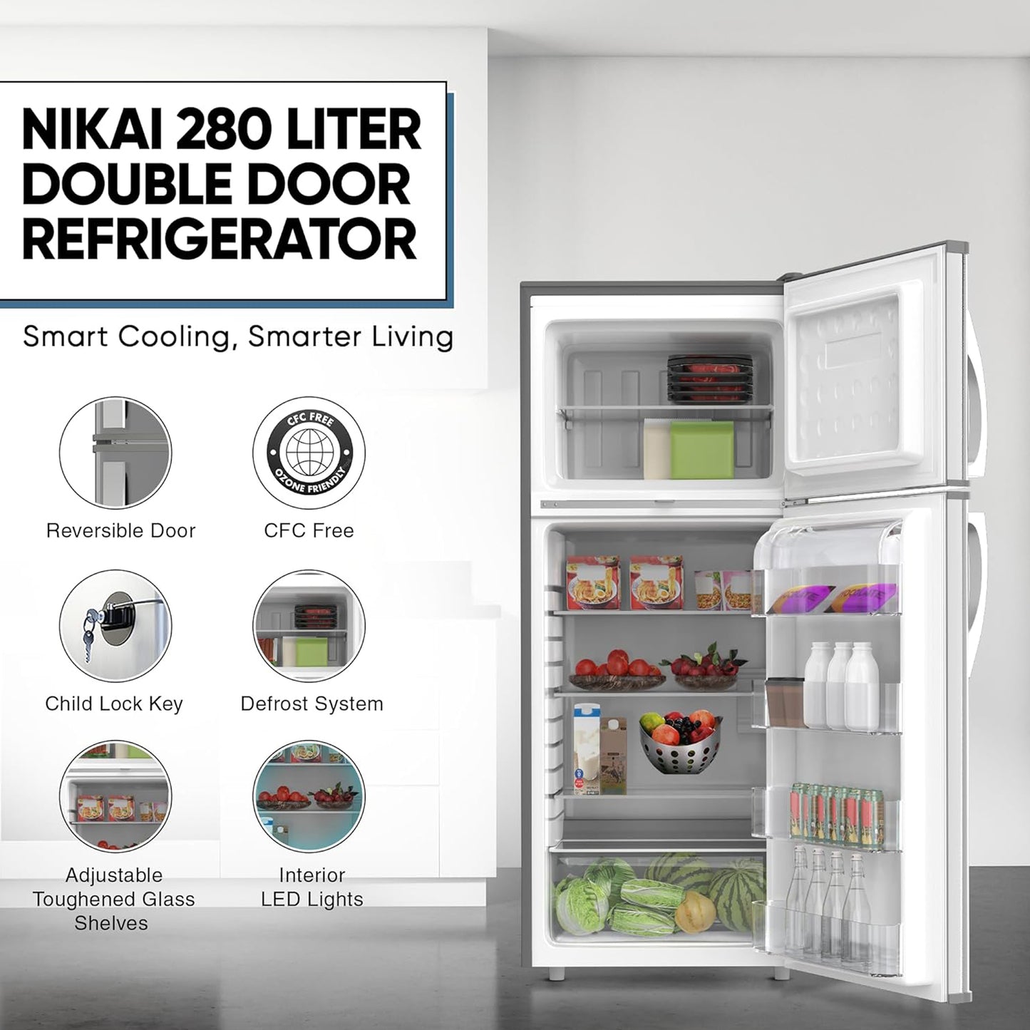 Nikai 280L Double Door Top Mount Refrigerator, NRF280DN5S