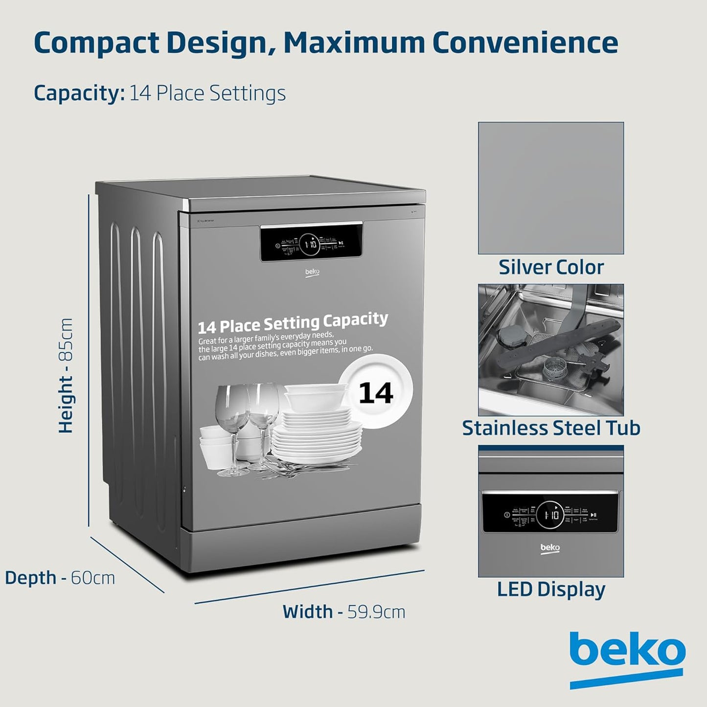 Beko 14 Place Free Standing Dishwasher, BDFN36422SQ