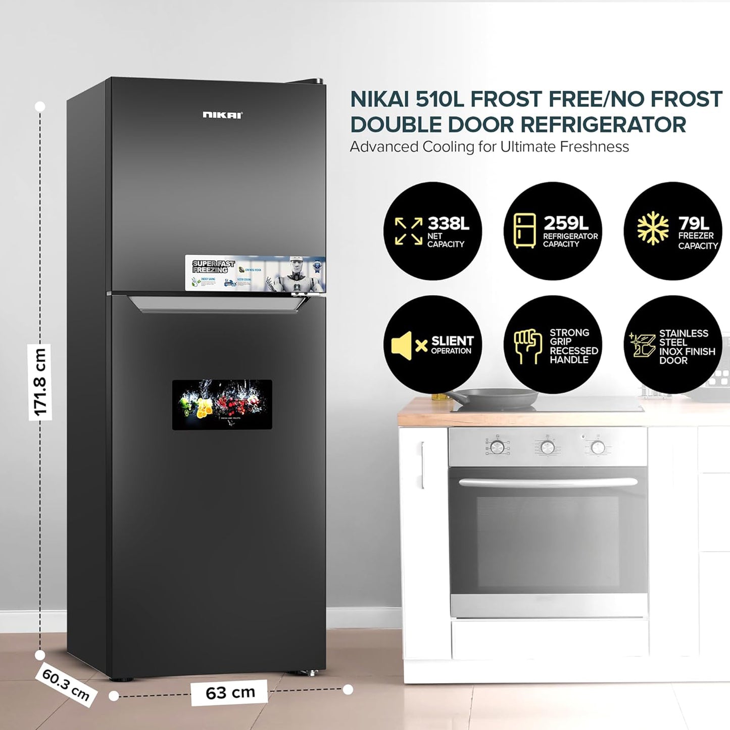 Nikai 510L Double Door Refrigerator, NRF510FSS
