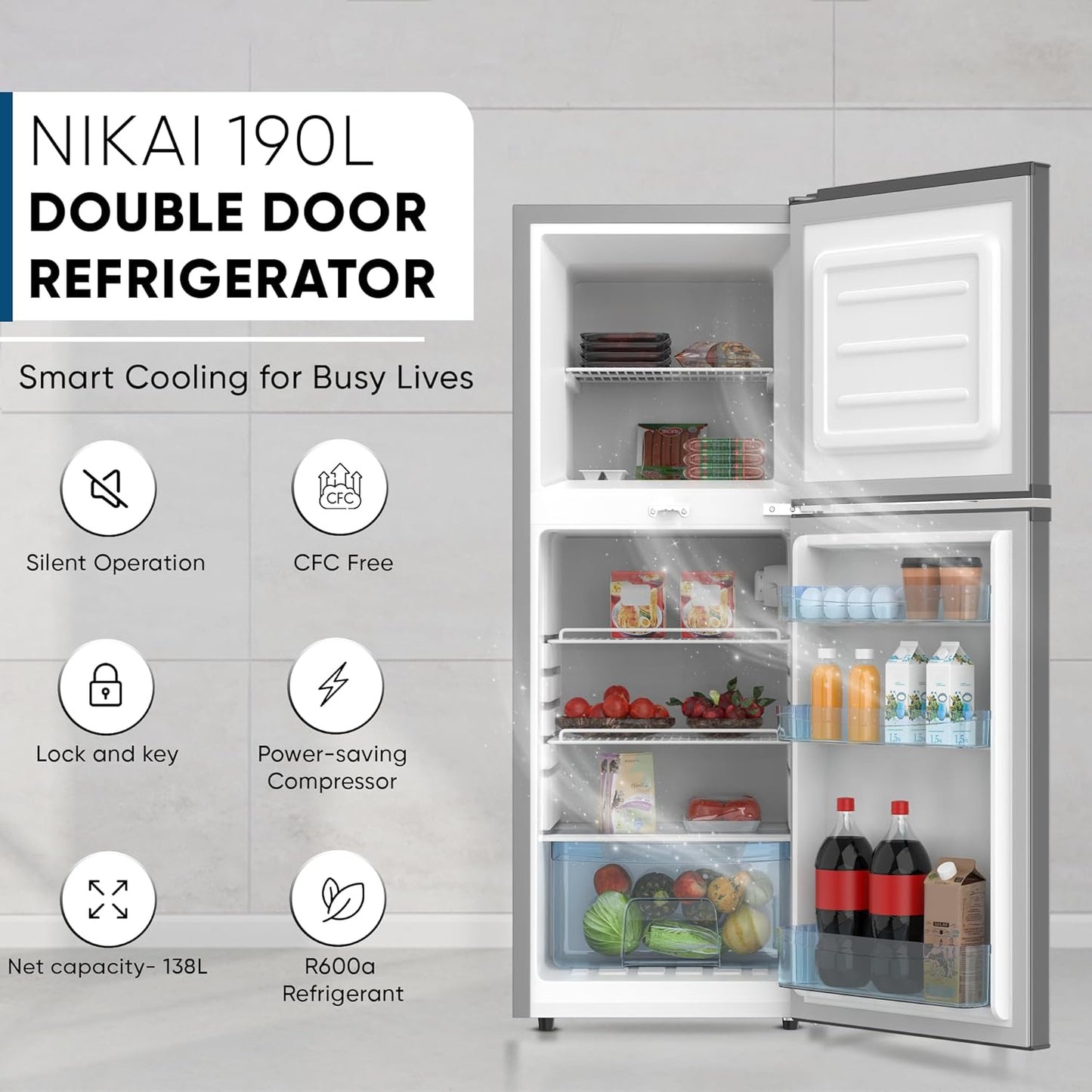 Nikai 190L Double Door Refrigerator, NRF190DN4S