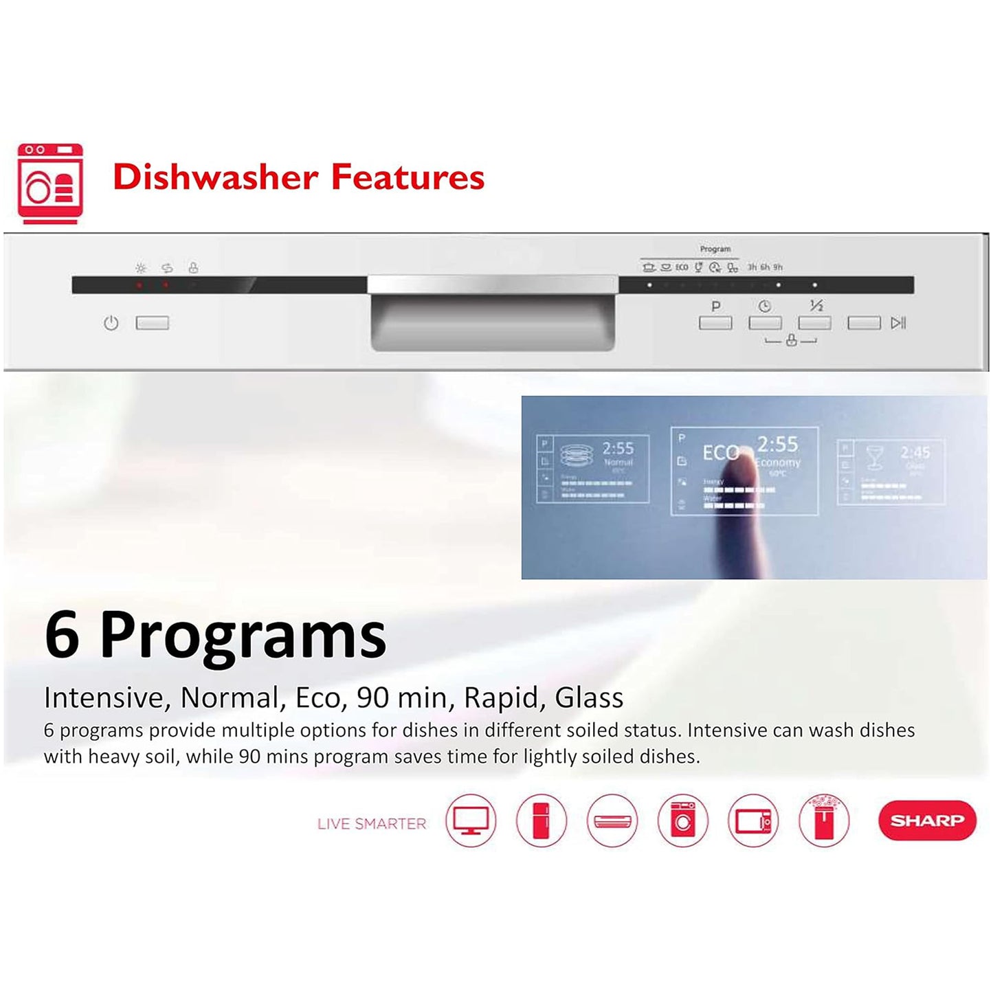 Sharp 12 Place Free Standing Dishwasher, QW-MB612-WH3