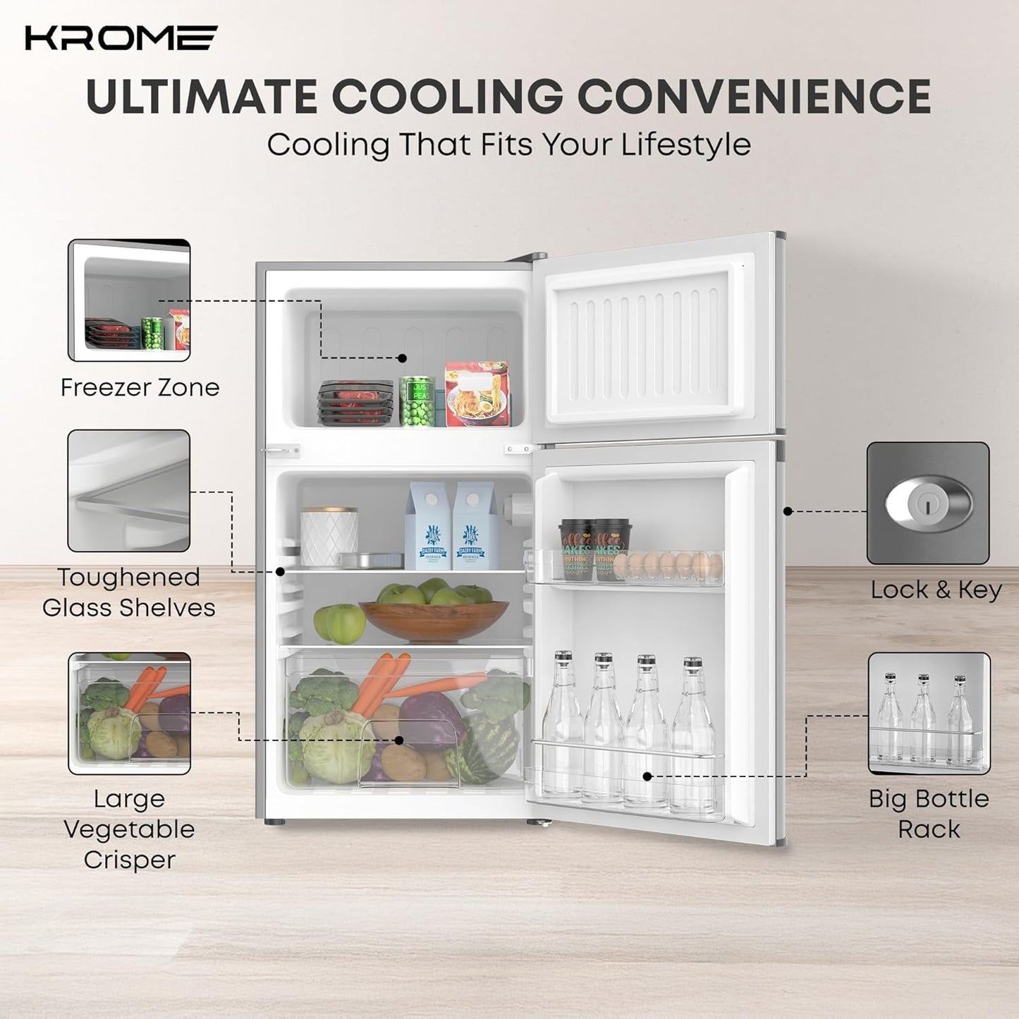 KROME 138L Double Door Refrigerator, KR-RF138DDSG