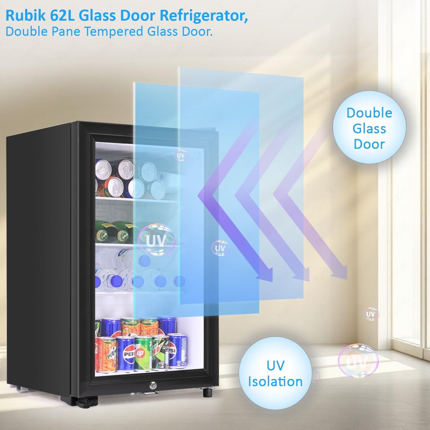 Rubik 62L Glass Door Mini Fridge, RBJC-62-HCWB