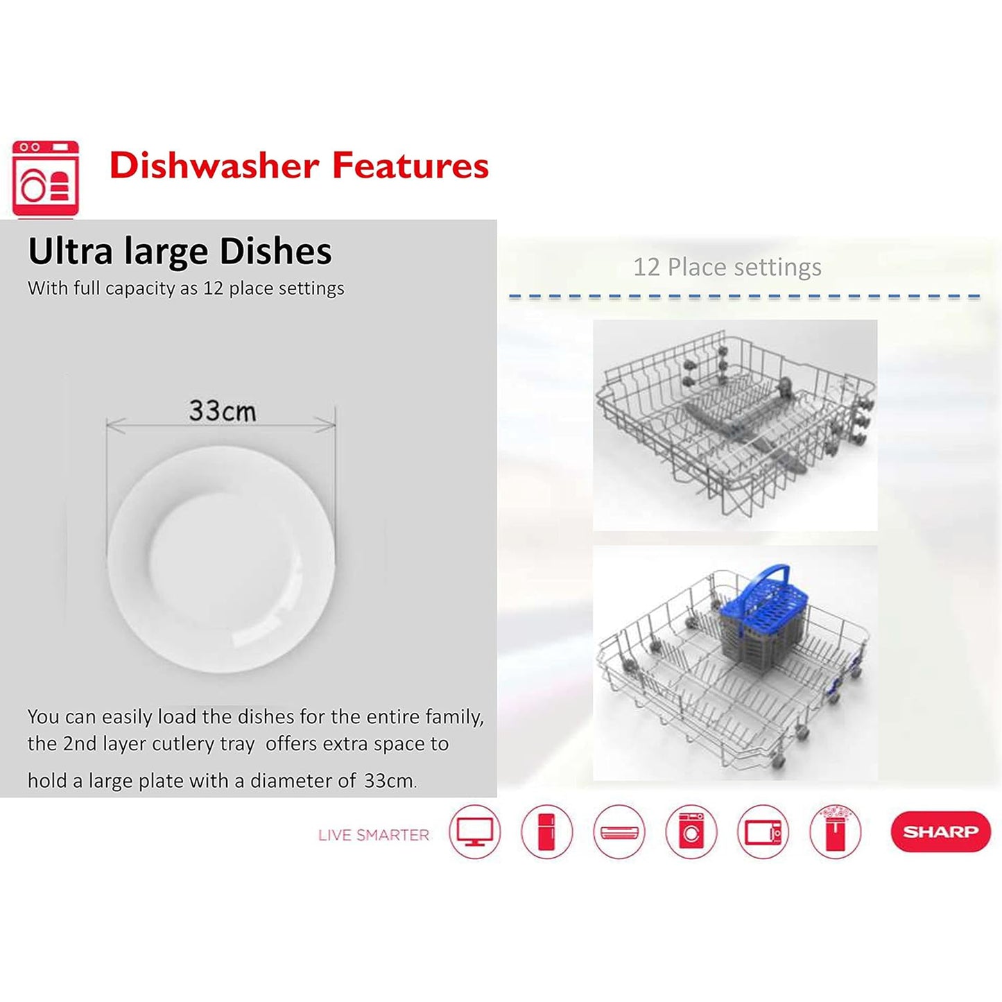 Sharp 12 Place Free Standing Dishwasher, QW-MB612-WH3