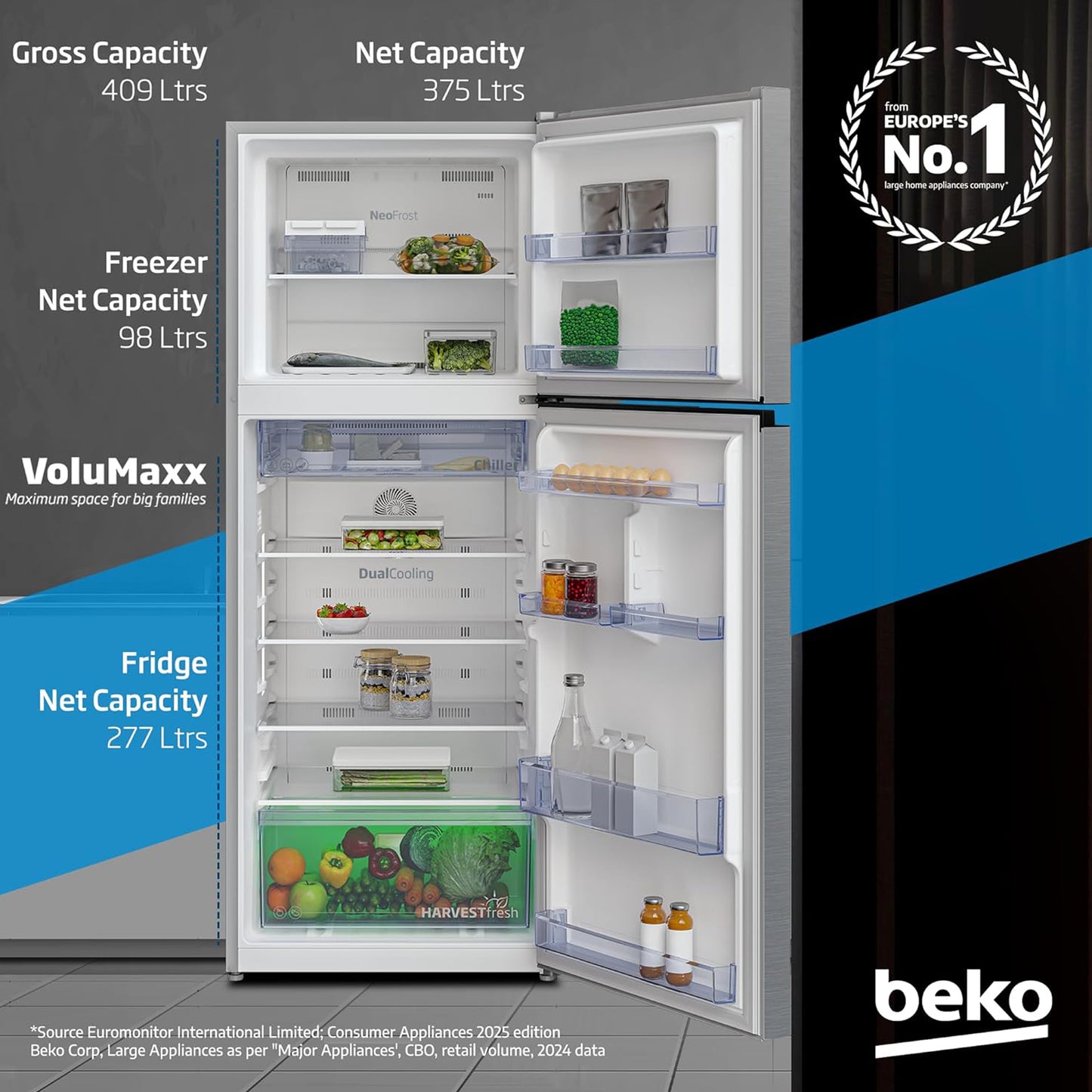 Beko 409L Double Door Refrigerator, RDNT401XS