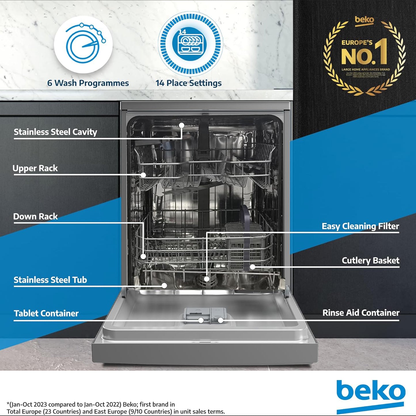 Beko 14 Place Free Standing Dishwasher, BDFN36422SQ