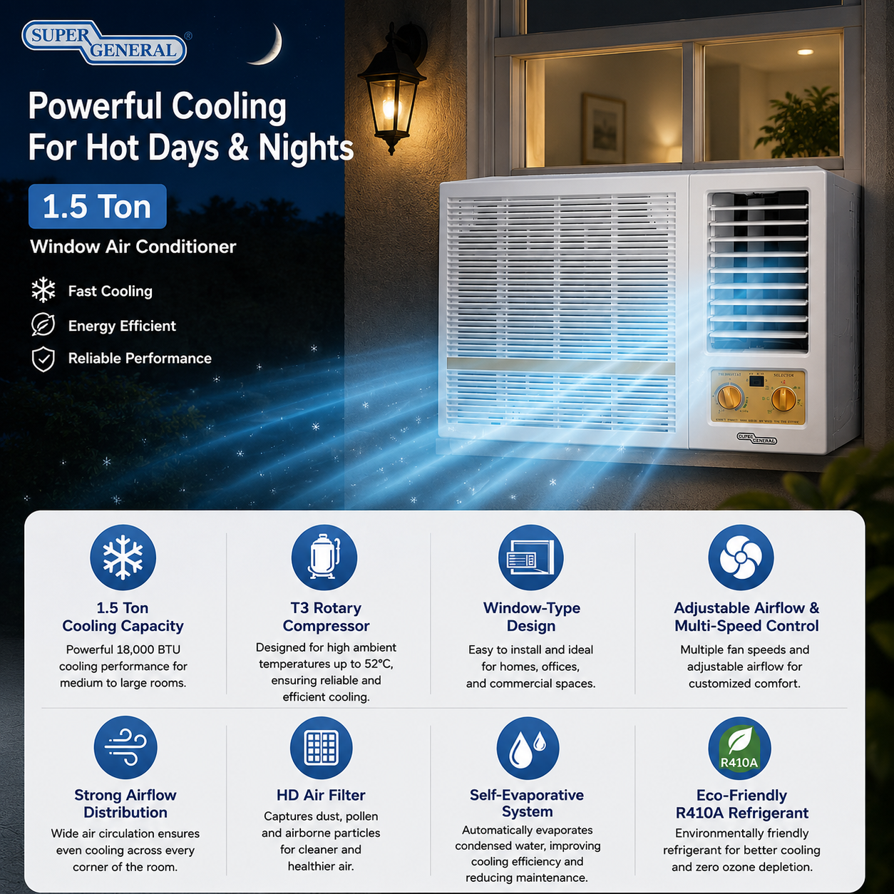 Super General 1.5 Ton Window Air Conditioner, SGA1919FE
