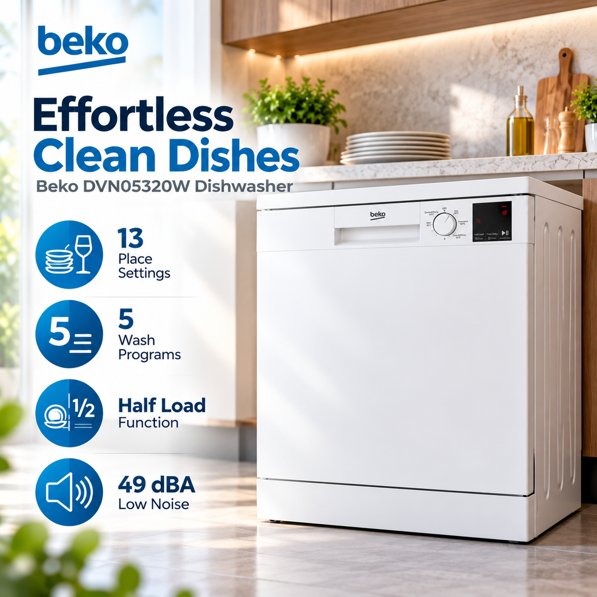 Beko 13 Place Settings Freestanding Dishwasher, White - DVN05320W