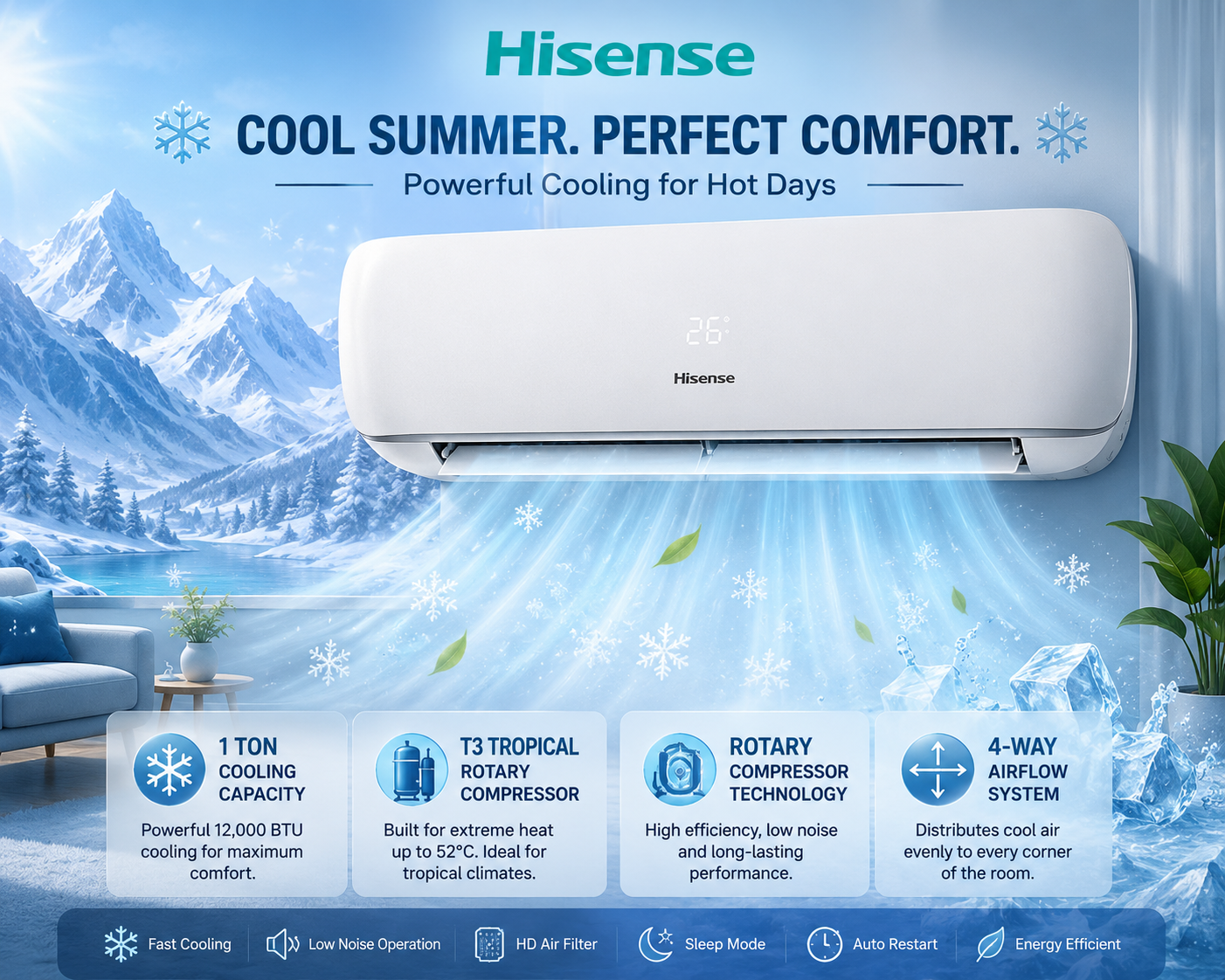 Hisense 1 Ton Rotary Split Air Conditioner - T3, AS-12CF4SWPHB00W