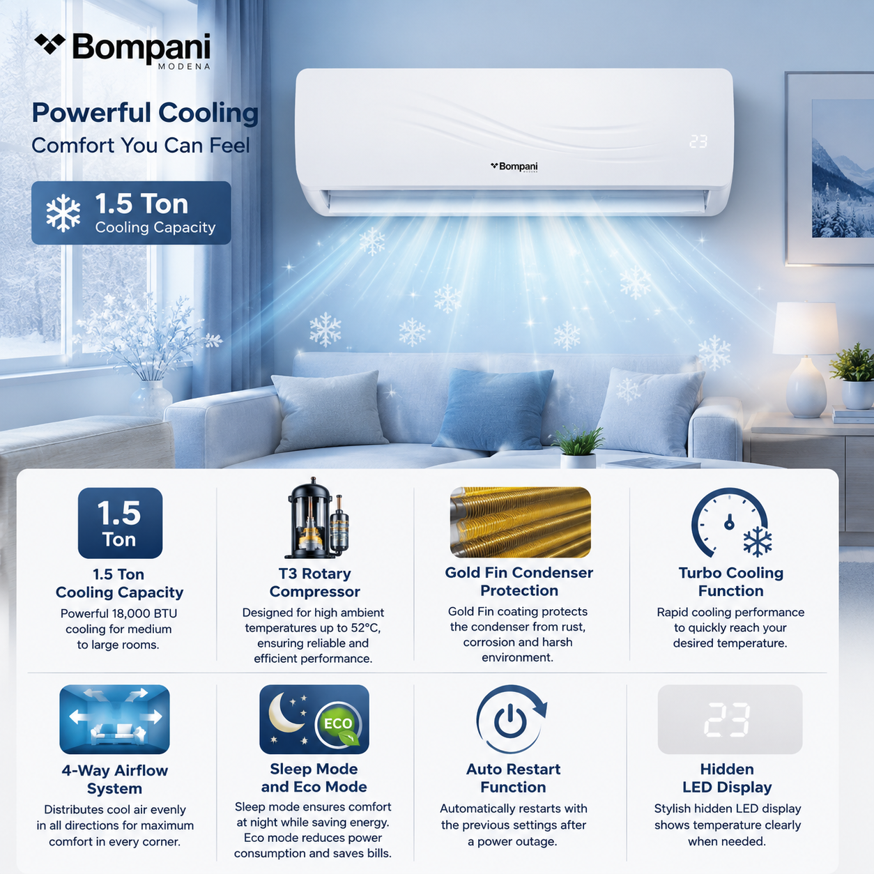 BOMPANI 1.5 Ton Rotary T3 Split Air Conditioner - BSAC18CRN