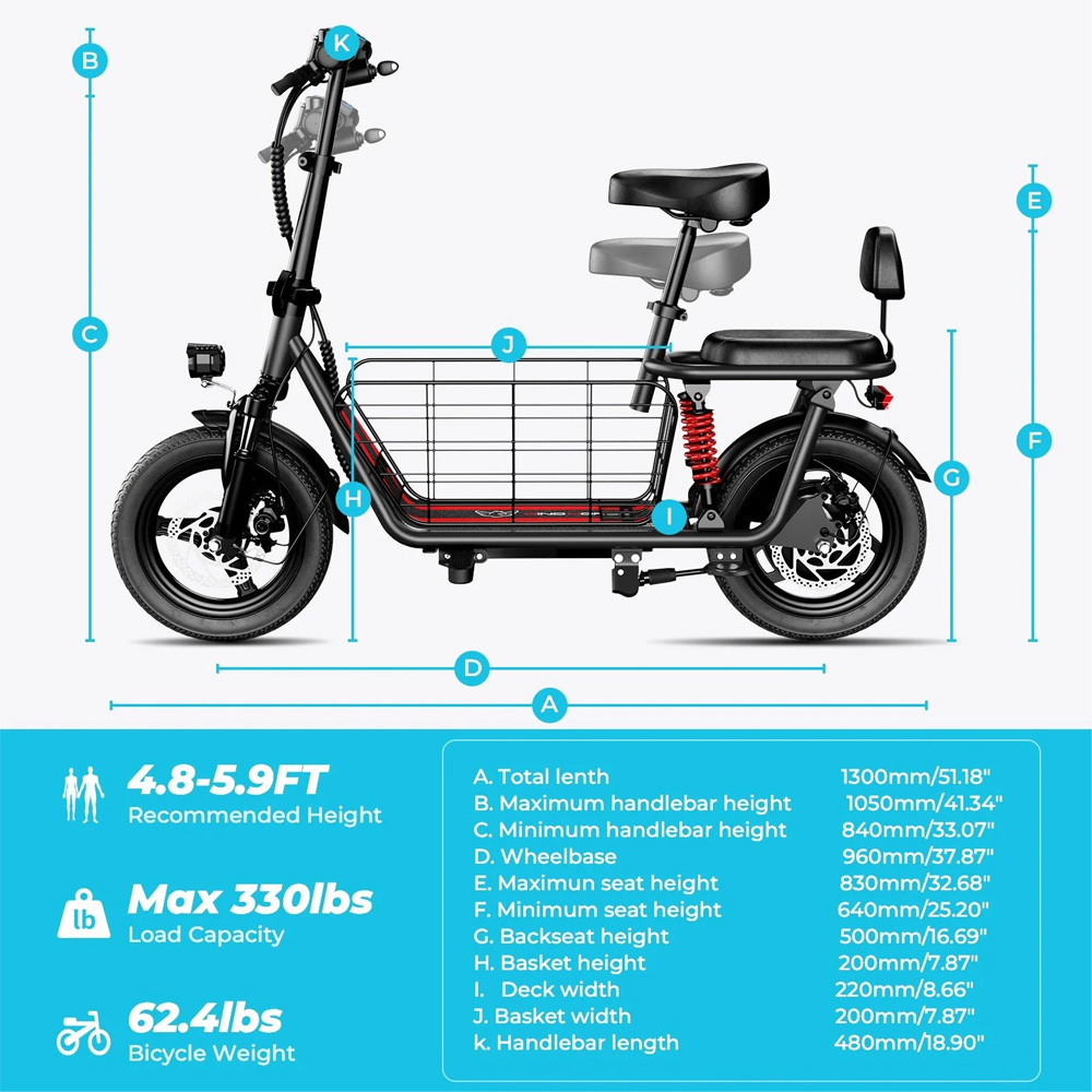 Wind Horse C3 Electric Scooter 850W 50KM Dual Seat, 48V