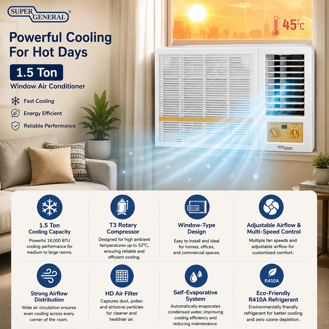 Super General 1.5 Ton Window Air Conditioner, SGA1919FE