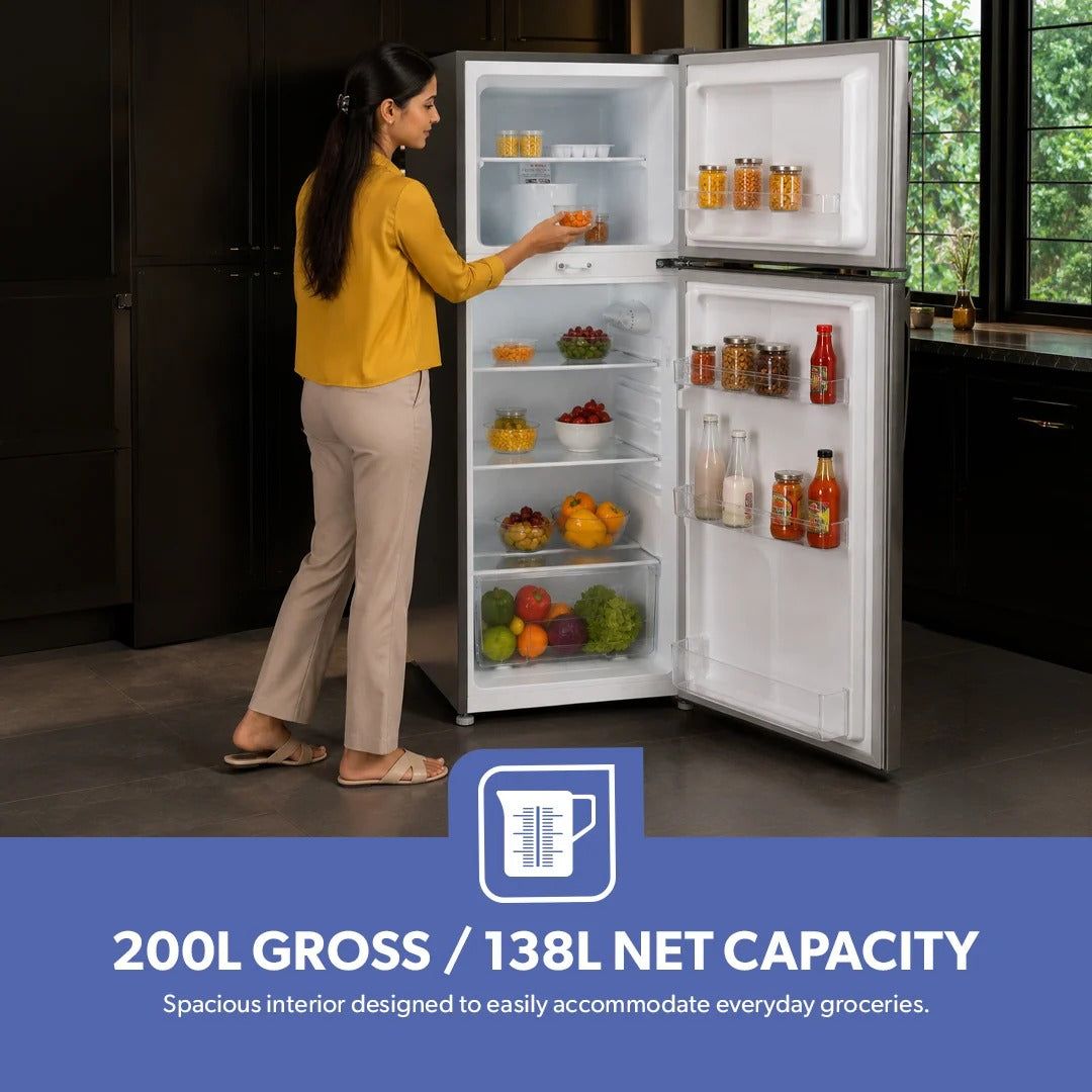 Geepas 200L Double Door Refrigerator, Defrost - GRF2209SXE