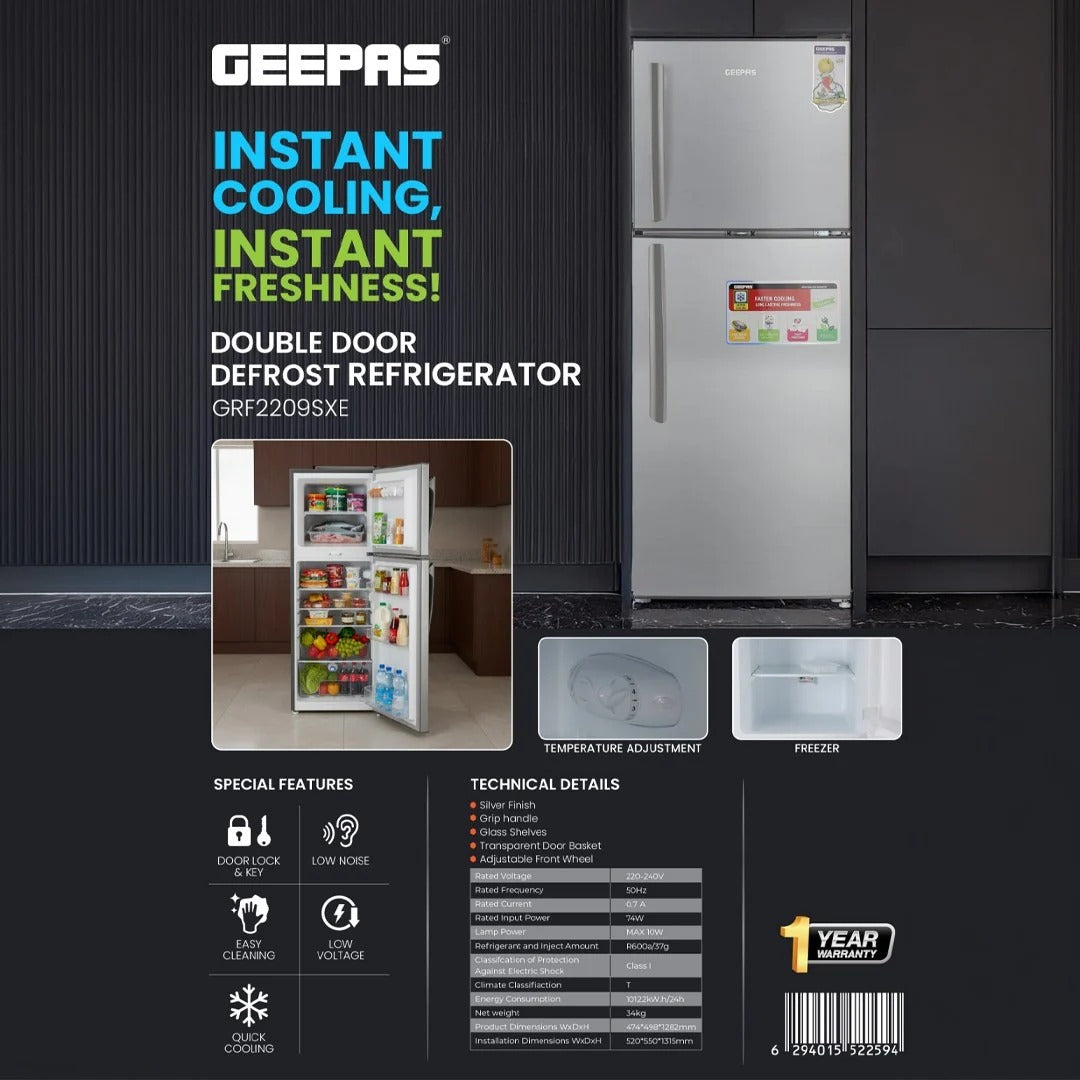 Geepas 200L Double Door Refrigerator, Defrost - GRF2209SXE