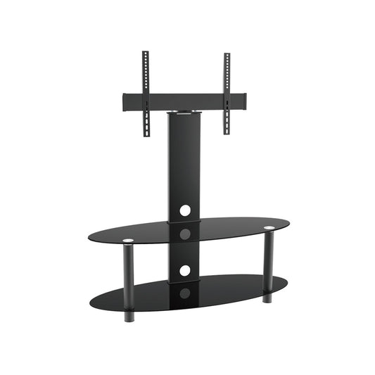 Skill Tech 2-Tier Oval Black Glass Media Console With Swivel Tv Mount Bracket For 32"-55" Screen, SH 324 FS