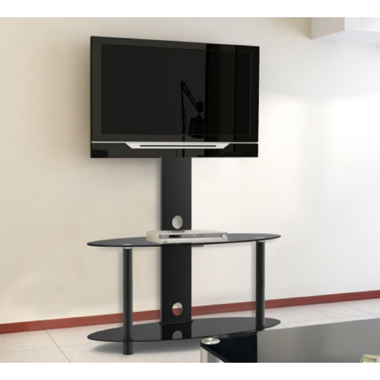 Skill Tech 2-Tier Oval Black Glass Media Console With Swivel Tv Mount Bracket For 32"-55" Screen, SH 324 FS